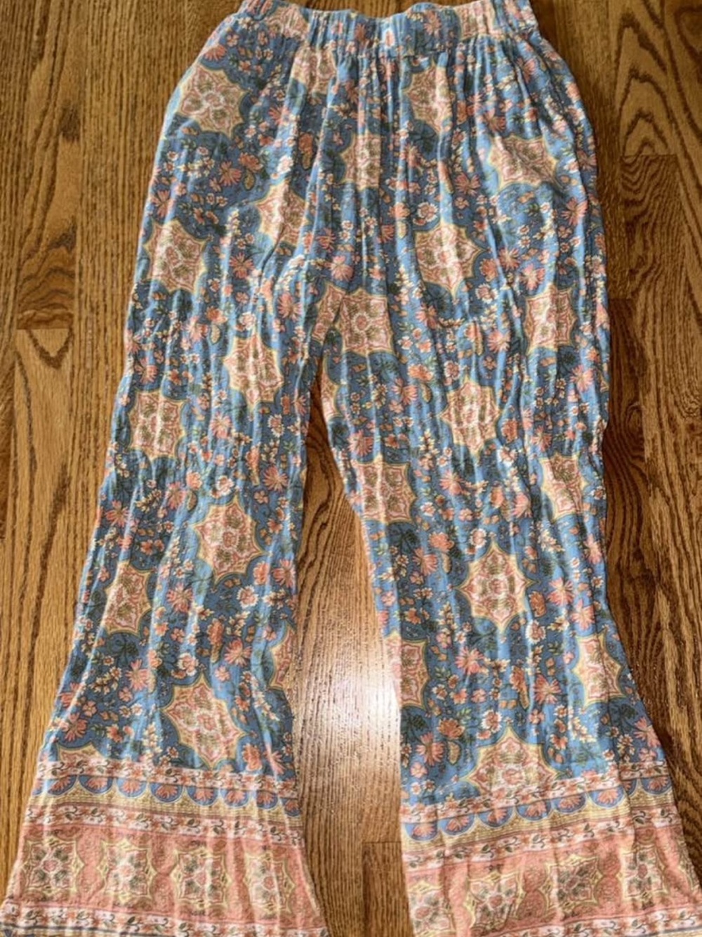 Boho Floral Wide-Leg Pants in Blue and Pink